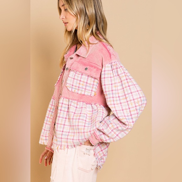 Corduroy Tweed Ballon Sleeves Pink Womens Shacket Button Down - Picture 5 of 11